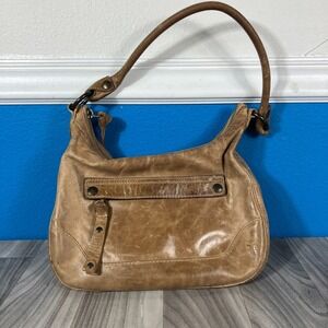 Frye Melissa Large Distressed Top Zip Crossbody/ Hobo Bag Tan Leather
